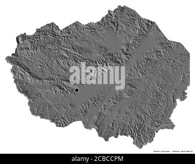 Form von Olancho, Abteilung von Honduras, mit seiner Hauptstadt isoliert auf weißem Hintergrund. Höhenkarte mit zwei Ebenen. 3D-Rendering Stockfoto