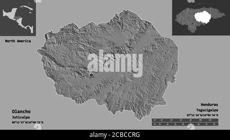 Form von Olancho, Abteilung von Honduras, und seine Hauptstadt. Entfernungsskala, Vorschauen und Beschriftungen. Höhenkarte mit zwei Ebenen. 3D-Rendering Stockfoto