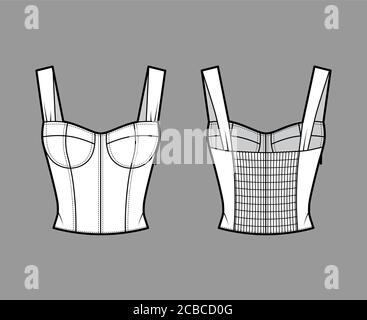 Jewel Cropped geraffte Korsett-Stil gesmokte Top technische Mode Illustration mit gemoldeten Cups, enge Passform, geraffte Rückseite. Flache Bekleidungsvorlage vorne, hinten, weiße Farbe. Frauen, Männer, Unisex Shirt Mockup Stock Vektor