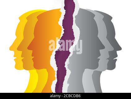 Schizophrenie, manische Depression, männliche Kopfsilhouetten auf zerrissenem Papier. Illustration von stilisierten männlichen Kopf Silhouetten. Stock Vektor