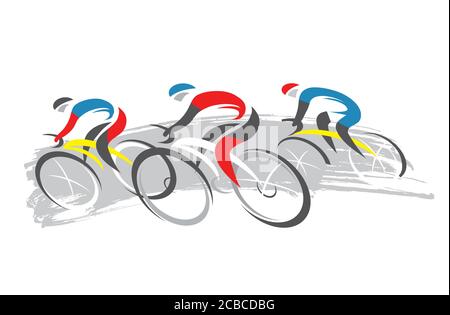 Radrennen, Konkurrenten, volle Geschwindigkeit. Ausdrucksstarke stilisierte bunte Zeichnung von drei Radfahrern, imitiert Zeichnung Tinte und Pinsel. Vektor verfügbar. Stock Vektor