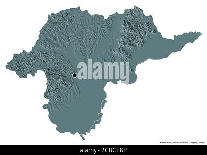 Form von Borsod-Abaúj-Zemplén, Grafschaft von Ungarn, mit seiner Hauptstadt isoliert auf weißem Hintergrund. Farbige Höhenkarte. 3D-Rendering Stockfoto