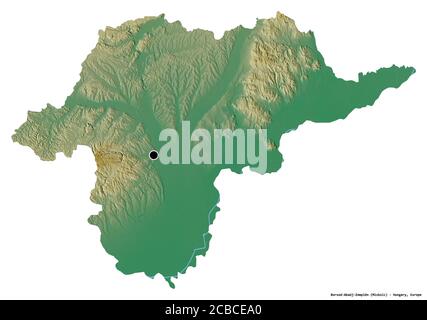 Form von Borsod-Abaúj-Zemplén, Grafschaft von Ungarn, mit seiner Hauptstadt isoliert auf weißem Hintergrund. Topografische Reliefkarte. 3D-Rendering Stockfoto