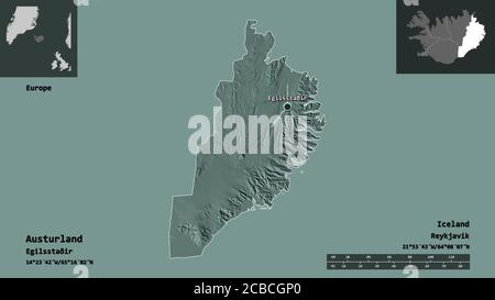 Austurland, Region Island, und seine Hauptstadt. Entfernungsskala, Vorschauen und Beschriftungen. Farbige Höhenkarte. 3D-Rendering Stockfoto