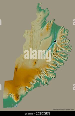 Form von Austurland, Region von Island, mit seiner Hauptstadt isoliert auf einem einfarbigen Hintergrund. Topografische Reliefkarte. 3D-Rendering Stockfoto