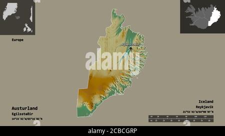 Austurland, Region Island, und seine Hauptstadt. Entfernungsskala, Vorschauen und Beschriftungen. Topografische Reliefkarte. 3D-Rendering Stockfoto