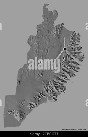 Form von Austurland, Region von Island, mit seiner Hauptstadt isoliert auf einem einfarbigen Hintergrund. Höhenkarte mit zwei Ebenen. 3D-Rendering Stockfoto