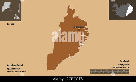 Austurland, Region Island, und seine Hauptstadt. Entfernungsskala, Vorschauen und Beschriftungen. Komposition von gemusterten Texturen. 3D-Rendering Stockfoto