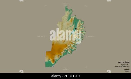 Gebiet von Austurland, Region Island, isoliert auf einem soliden Hintergrund in einem georeferenzierten Begrenzungsrahmen. Beschriftungen. Topografische Reliefkarte. 3D-Rendering Stockfoto