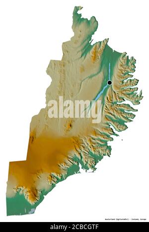 Form von Austurland, Region von Island, mit seiner Hauptstadt isoliert auf weißem Hintergrund. Topografische Reliefkarte. 3D-Rendering Stockfoto