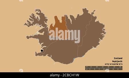 Entsättigte Form von Island mit seiner Hauptstadt, Hauptregionalteilung und dem abgetrennten Norðurland vestra-Gebiet. Beschriftungen. Komposition aus gemustertem Textu Stockfoto