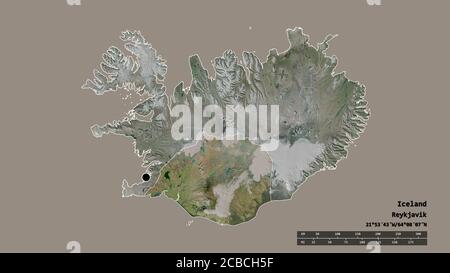 Entsättigte Form von Island mit seiner Hauptstadt, Hauptregionalteilung und dem abgetrennten Suðurland-Gebiet. Beschriftungen. Satellitenbilder. 3D-Rendering Stockfoto