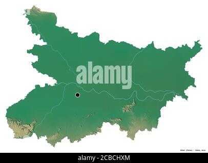 Form von Bihar, Staat Indien, mit seiner Hauptstadt isoliert auf weißem Hintergrund. Topografische Reliefkarte. 3D-Rendering Stockfoto