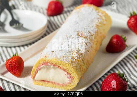 Hausgemachte gefrorene Artic Roll Cake mit Eis und Erdbeeren Stockfoto