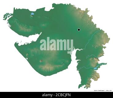 Form von Gujarat, Staat von Indien, mit seiner Hauptstadt isoliert auf weißem Hintergrund. Topografische Reliefkarte. 3D-Rendering Stockfoto