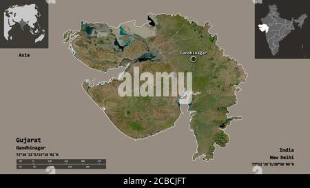 Form von Gujarat, Staat von Indien, und seine Hauptstadt. Entfernungsskala, Vorschauen und Beschriftungen. Satellitenbilder. 3D-Rendering Stockfoto