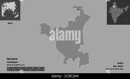 Form von Haryana, Staat von Indien, und seine Hauptstadt. Entfernungsskala, Vorschauen und Beschriftungen. Höhenkarte mit zwei Ebenen. 3D-Rendering Stockfoto