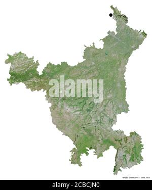 Form von Haryana, Staat Indien, mit seiner Hauptstadt isoliert auf weißem Hintergrund. Satellitenbilder. 3D-Rendering Stockfoto