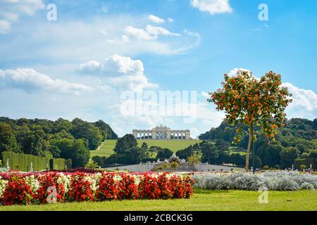 Blick auf Gloriette-Struktur und Neptunbrunnen im Schloss Schönbrunn, Wien, Österreich Stockfoto