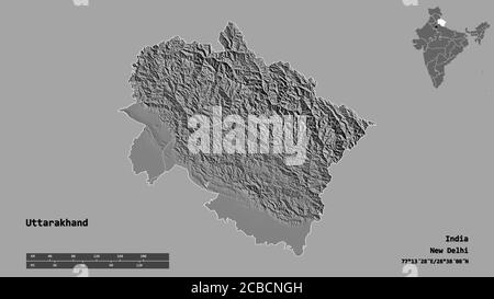 Form von Uttarakhand, Staat Indien, mit seiner Hauptstadt isoliert auf festem Hintergrund. Entfernungsskala, Regionenvorschau und Beschriftungen. Höhenkarte mit zwei Ebenen. Stockfoto