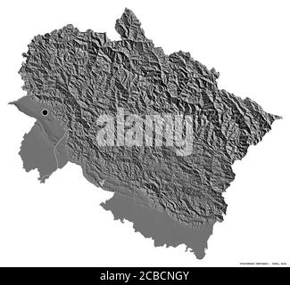 Form von Uttarakhand, Staat Indien, mit seiner Hauptstadt isoliert auf weißem Hintergrund. Höhenkarte mit zwei Ebenen. 3D-Rendering Stockfoto