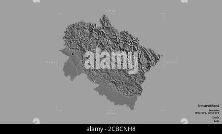 Gebiet von Uttarakhand, Bundesstaat Indien, isoliert auf einem soliden Hintergrund in einem georeferenzierten Begrenzungsrahmen. Beschriftungen. Höhenkarte mit zwei Ebenen. 3D-Rendering Stockfoto