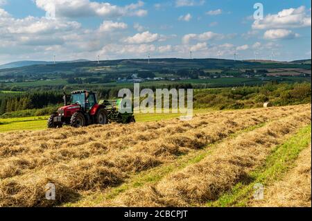 Drinagh, West Cork, Irland. August 2020. Evan Wilson ballt Heu auf der Drinagh Farm von George Wilson mit einer Massey Ferguson 6475 und McHale F550 Ballenpresse. Quelle: AG News/Alamy Live News Stockfoto