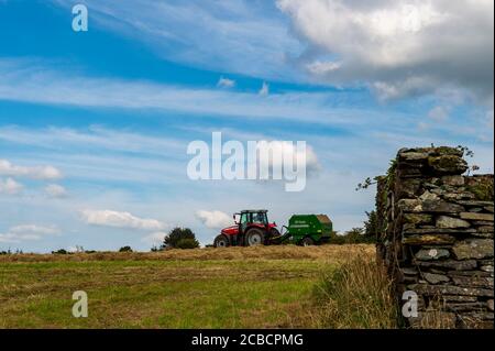 Drinagh, West Cork, Irland. August 2020. Evan Wilson ballt Heu auf der Drinagh Farm von George Wilson mit einer Massey Ferguson 6475 und McHale F550 Ballenpresse. Quelle: AG News/Alamy Live News Stockfoto