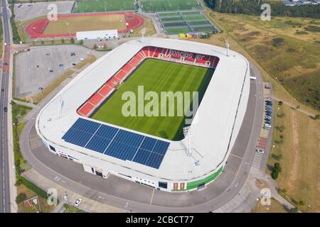 Doncaster UK, 12. Aug 2020: Luftaufnahme des Keepmoat Stadions in der Stadt Doncaster im Vereinigten Königreich, Heimat des Doncaster Rovers Football Clu Stockfoto