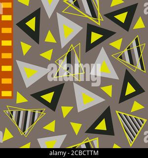 Schwarz, grau, neongelb, gestreift gefüllte Dreiecke und orangy rötliche Rechtecke geometrisches Muster. Für eine Vielzahl von Digital-, Web- und Druckanwendungen Stock Vektor