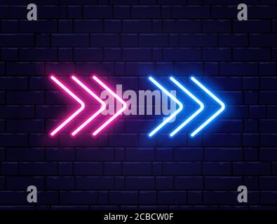 Pfeil Neon auf Ziegelwand. Realistisch glänzendes Schild. Symbol für leuchtende Pfeilzeiger. Farbiges Neonbanner. Nachts helle Werbung. Vektorgrafik. Stock Vektor