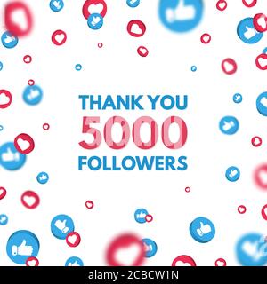 Danke 5000 Follower Hintergrund mit falling Likes und Daumen hoch Symbol. Social-Media-Konzept. Leistungsplakat. Feiern Sie die neue 5.000 subscr Stock Vektor