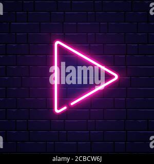 Pfeil rosa Neon auf Ziegelwand. Realistisch glänzendes Schild. Farbiges Neonbanner. Symbol für leuchtenden Pfeilzeiger. Nachts helle Werbung. Vektorgrafiken Stock Vektor