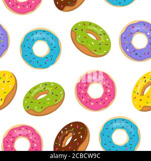 Vektor nahtlose Muster mit bunten glasierten Donuts. Süße Bäckerei mit Streuseln auf weißem Hintergrund. Stock Vektor