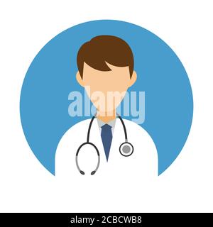 Medic-Ikone in flachem Stil. Arzt mit Stethoskop auf blauem Hintergrund. Konzept der Gesundheitsdienstleistungen. Banner mit Online-Diagnose Arzt. Medizinische Prüferin Stock Vektor