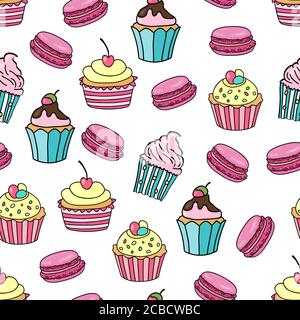 Cupcake und Makronen Hintergrund. Nahtloses Muster mit verschiedenen Cupcakes und Makronen auf weißem Hintergrund. Süßer Hintergrund für Hochzeit, Geburtstag, gre Stock Vektor