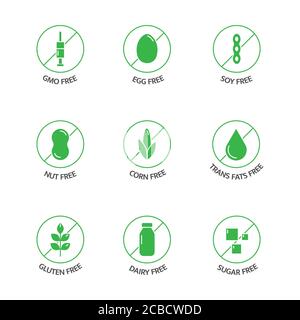 Aufkleber für Bio-Lebensmittel und Getränke. Naturprodukte grüne Etiketten. Symbole für produktfreie Allergen-Linien. Nahrungsmittelunverträglichkeit. Nahrung diätetisch. Gesunde Ernährung. GVO Stock Vektor