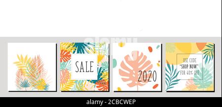 Trendige abstrakte quadratische Kunstvorlagen mit floralen und geometrischen Elementen. Handfläche hinterlässt Hintergrund. Für Beiträge in sozialen Medien, mobile Apps, Banner-Design Stock Vektor