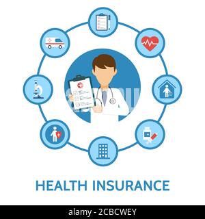 Infografik zur Krankenversicherung. Ärztliche Untersuchung. Gesundheitsschutz. Gesundheitswesen, medizinische Versorgung. Online-Diagnose des Arztes. Vektorgrafik. Stock Vektor
