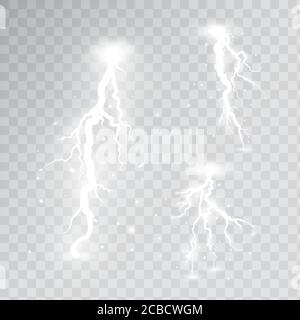 Weiße Blitze auf transparentem Hintergrund isoliert gesetzt. Designelemente der Thunder Storm Kollektion. Magisch glänzendes Licht Effekt. Elektrische Explosion. Vec Stock Vektor