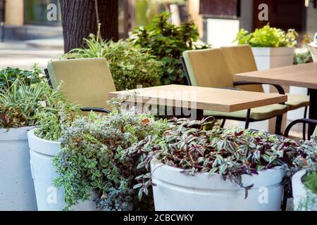 Leere quadratische Tische eines Cafés im Freien mit Stühlen mit weichen Sitzen und runden Blumentöpfen aus Beton mit Blumen vor dem Restaurant. Stockfoto