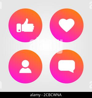 Gefällt mir, Daumen hoch und Liebe Symbole gesetzt. Social Media-Elemente. Symbole für soziale Netzwerke. Symbol für Zählerbenachrichtigung. Vektorgrafik. Stock Vektor