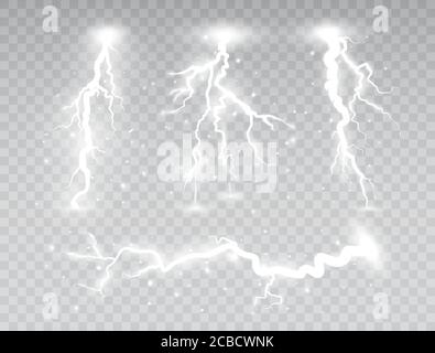 Weiße Blitze auf transparentem Hintergrund isoliert gesetzt. Designelemente der Thunder Storm Kollektion. Magisch glänzendes Licht Effekt. Elektrische Explosion. Vec Stock Vektor