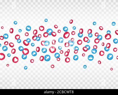 „Gefällt mir“- und „Daumen hoch“-Symbole werden auf transparentem Hintergrund umrandet. Social Media-Elemente. symbol für soziales 3D-Netzwerk. Zählerbenachrichtigungssymbole. Emoji re Stock Vektor