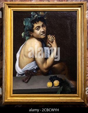 Italienische Kunst, Selbstporträt, Jungkranker Bacchus Chiaroscuro Ölgemälde von Michelangelo Merisi da Caravaggio, Galleria Borghese Museum, Rom, Italien Stockfoto