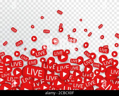 Live-Stream-Hintergrund mit Play-Tasten und Live-Symbole. Live-Streaming, Video, Nachrichtensymbol auf transparentem Hintergrund. Vorlage für soziale Medien. Broadcas Stock Vektor