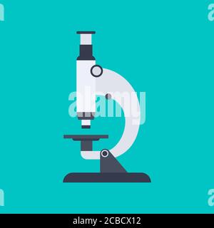 Mikroskop in flacher Ausführung isoliert auf blauem Hintergrund. Laborgeräte. Mikroskop-Symbol. Ärztliche Untersuchung. Vektorgrafik. Stock Vektor