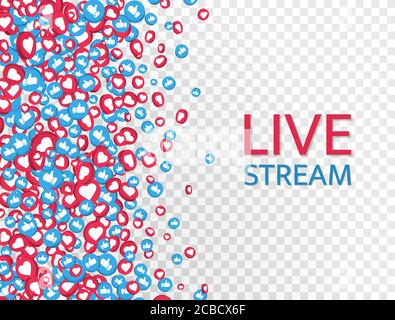 Live-Stream-Hintergrund mit „Gefällt mir“- und „Daumen hoch“-Symbolen. Live-Streaming, Video, Nachrichtensymbol auf transparentem Hintergrund. Vorlage für soziale Medien. Broadcastin Stock Vektor