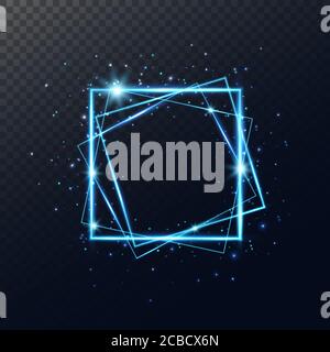 Leuchtendes blaues Neonlicht. Glänzendes quadratisches Banner isoliert auf transparentem Hintergrund. Elektrischer 3d-Rahmen. Heller weihnachtlicher Hintergrund. Vektorgrafik Stock Vektor
