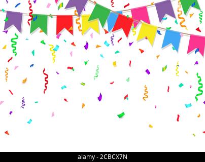 Banner zur Feier. Partyflaggen mit Konfetti auf weißem Hintergrund. Vektorgrafik. Stock Vektor